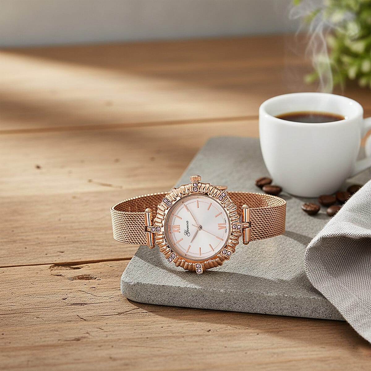 Genoa Pink Austrian Crystal Japanese Movement Watch with ION Plated RG Stainless Steel Mesh Strap image number 1