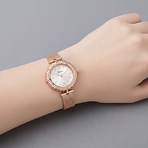 Genoa Pink Austrian Crystal Japanese Movement Watch with ION Plated RG Stainless Steel Mesh Strap