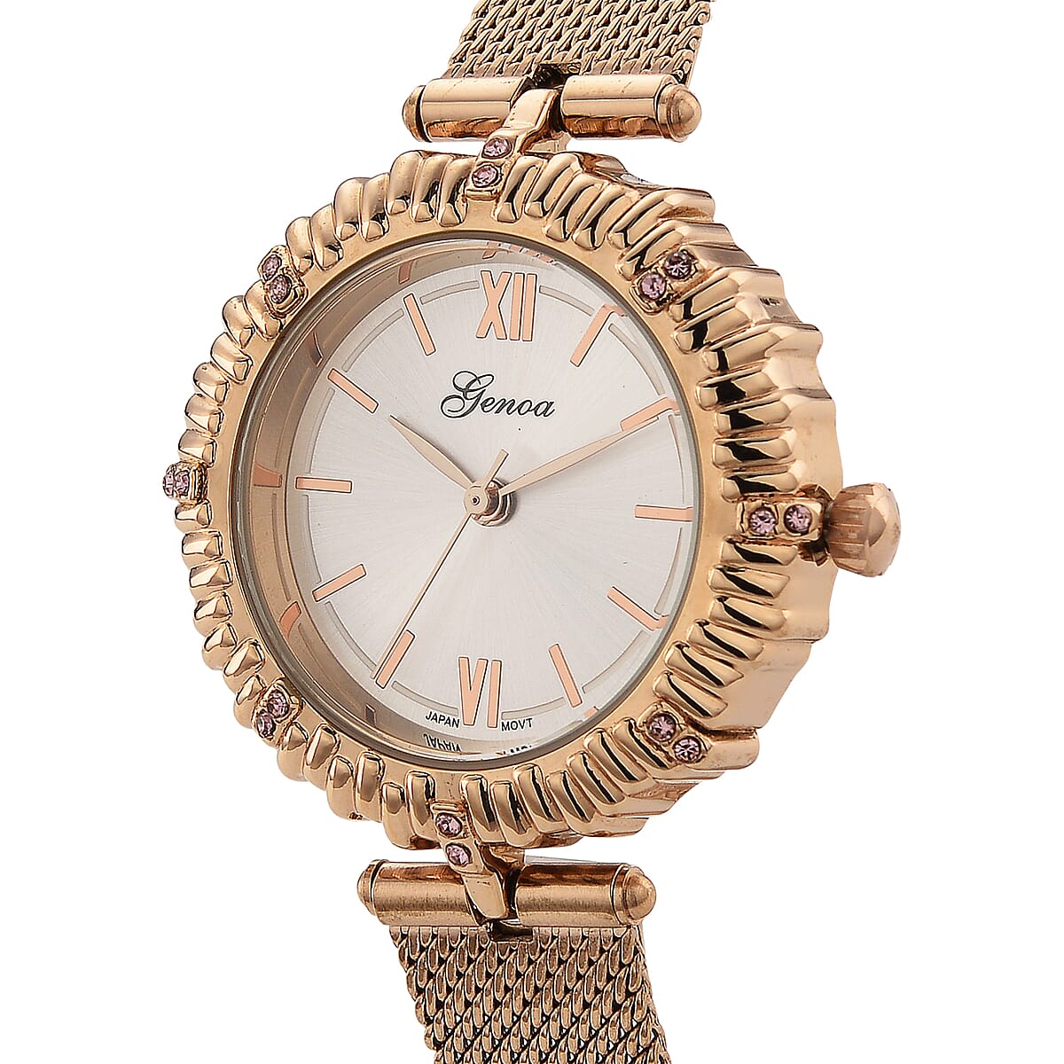 Genoa Pink Austrian Crystal Japanese Movement Watch with ION Plated RG Stainless Steel Mesh Strap image number 3