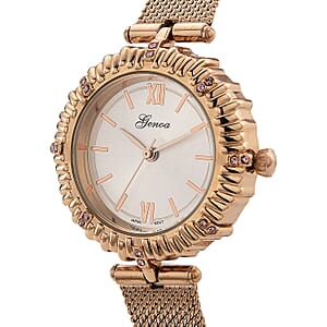 Genoa Pink Austrian Crystal Japanese Movement Watch with ION Plated RG Stainless Steel Mesh Strap