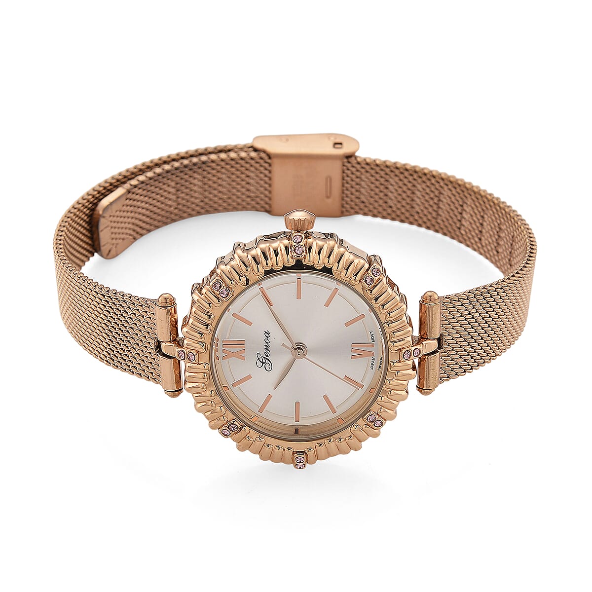 Genoa Pink Austrian Crystal Japanese Movement Watch with ION Plated RG Stainless Steel Mesh Strap image number 4