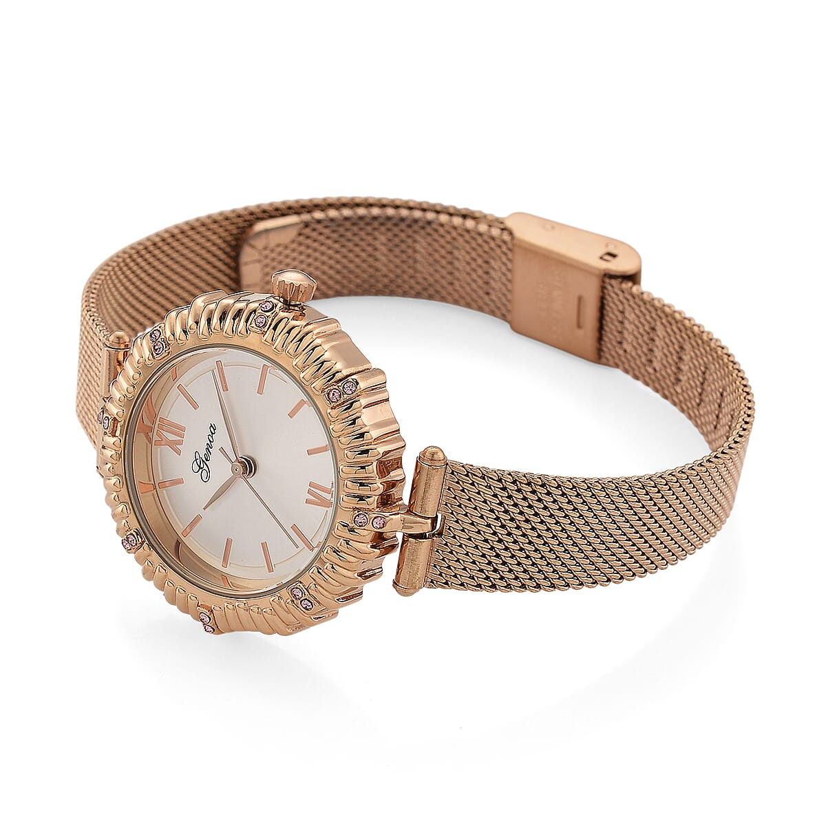 Genoa Pink Austrian Crystal Japanese Movement Watch with ION Plated RG Stainless Steel Mesh Strap image number 5