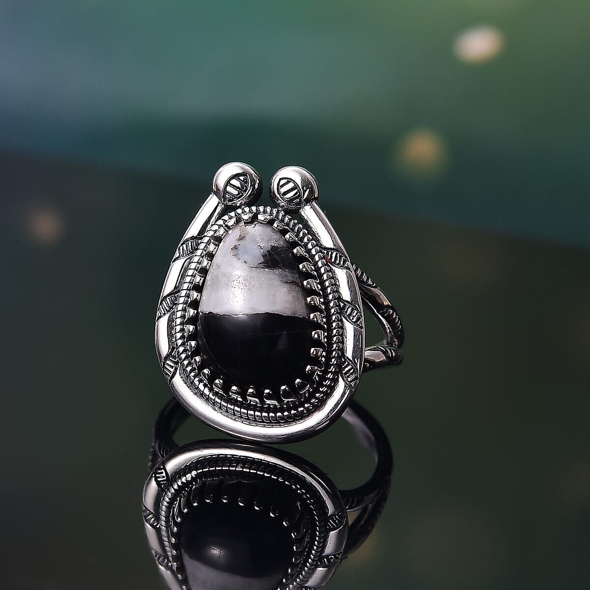 D'Joy Artisan Crafted White Buffalo 6.00 ctw Howdy Ring in Black Oxidized Sterling Silver (Size 5.0) image number 1
