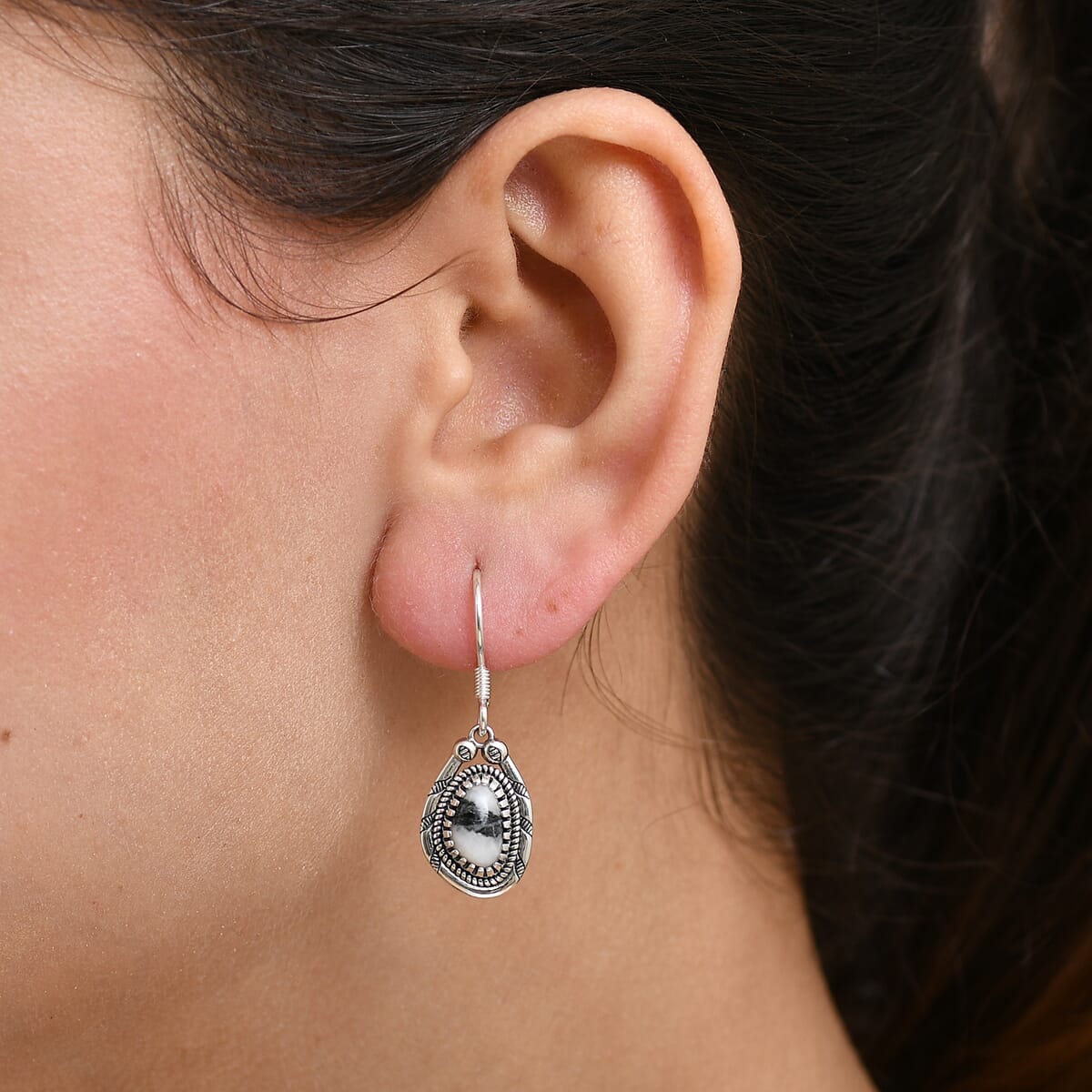 D'Joy Artisan Crafted White Buffalo 2.90 ctw Howdy Earrings in Black Oxidied Sterling Silver image number 2