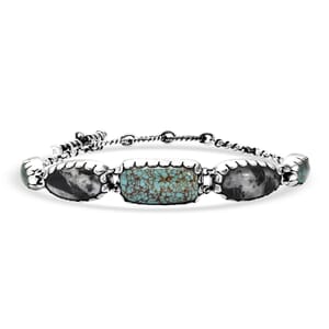 D'Joy Artisan Crafted Blue Moon Turquoise and White Buffalo 19.40 ctw Toggle Clasp Bracelet in Black Oxidized Sterling Silver (6.50-8.0In)