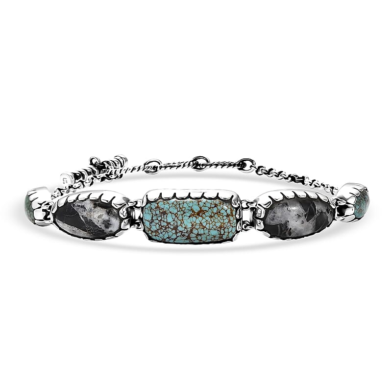 D'Joy Artisan Crafted Blue Moon Turquoise and White Buffalo 19.40 ctw Toggle Clasp Bracelet in Black Oxidized Sterling Silver (6.50-8.0In)