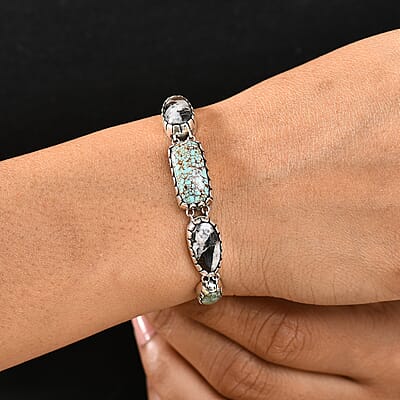 D'Joy Artisan Crafted Blue Moon Turquoise and White Buffalo 19.40 ctw Toggle Clasp Bracelet in Black Oxidized Sterling Silver (6.50-8.0In)