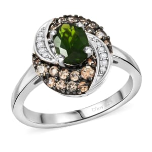 Chrome Diopside, Brown and White Zircon 1.50 ctw Sea Wave Ring in Rhodium Over Sterling Silver (Size 10.0)