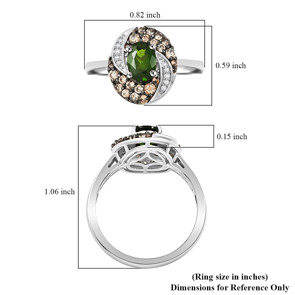 D'Joy Chrome Diopside, Brown and White Zircon 1.50 ctw Sea Wave Ring in Rhodium Over Sterling Silver (Size 5.0) image number 5