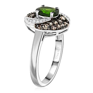 D'Joy Chrome Diopside, Brown and White Zircon 1.50 ctw Sea Wave Ring in Rhodium Over Sterling Silver (Size 9.0)
