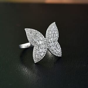 GP Trionfo Collection Diamond 1.00 ctw Butterfly Ring in Rhodium Over Sterling Silver (Size 7.0) 