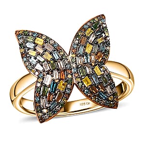 GP Trionfo Collection Multi Color Diamond Natural & IR 1.00 ctw Butterfly Ring in 18K Vermeil Yellow Gold Over Sterling Silver (Size 7.0)