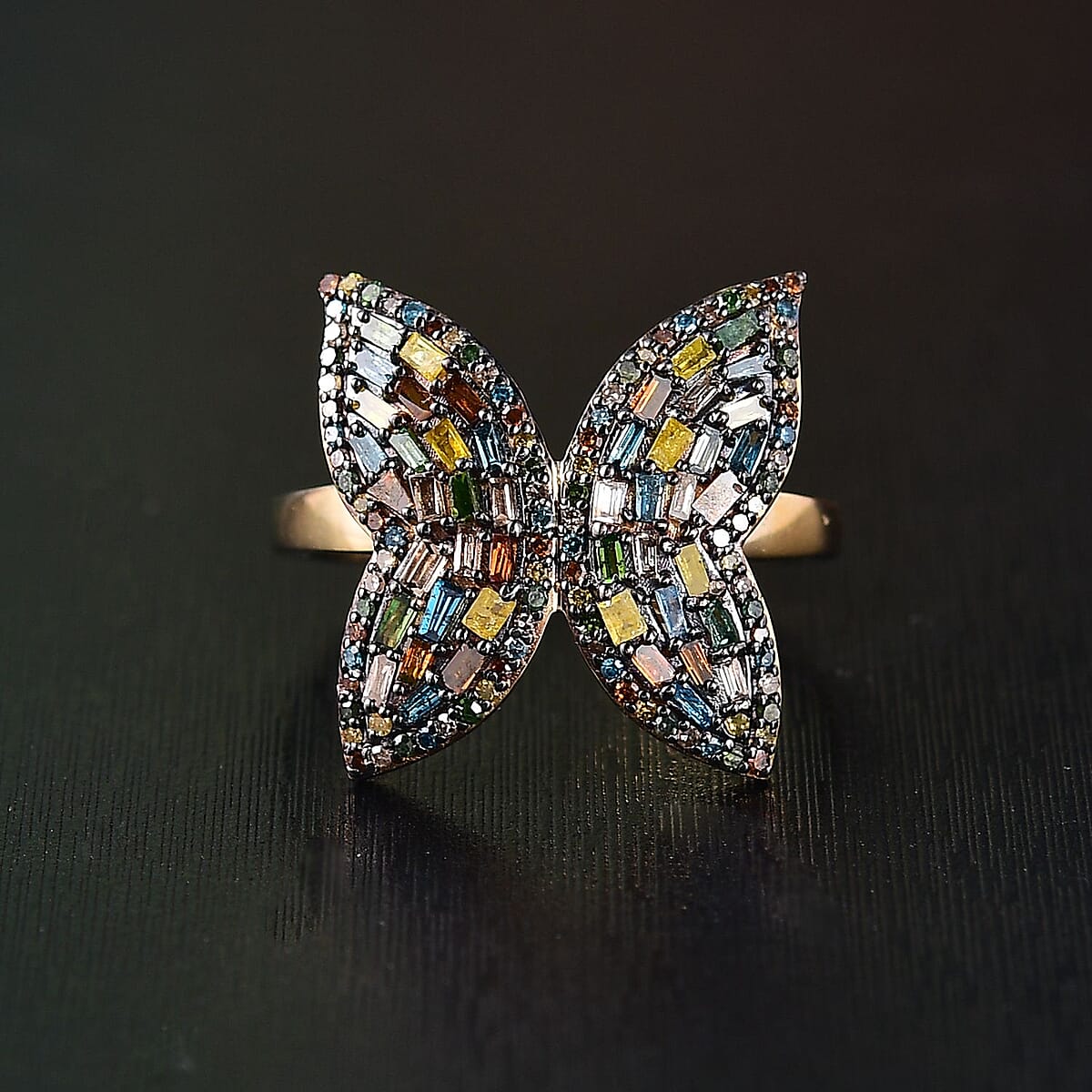 GP Trionfo Collection Multi Color Diamond Natural & IR 1.00 ctw Butterfly Ring in 18K Vermeil Yellow Gold Over Sterling Silver (Size 7.0) image number 1