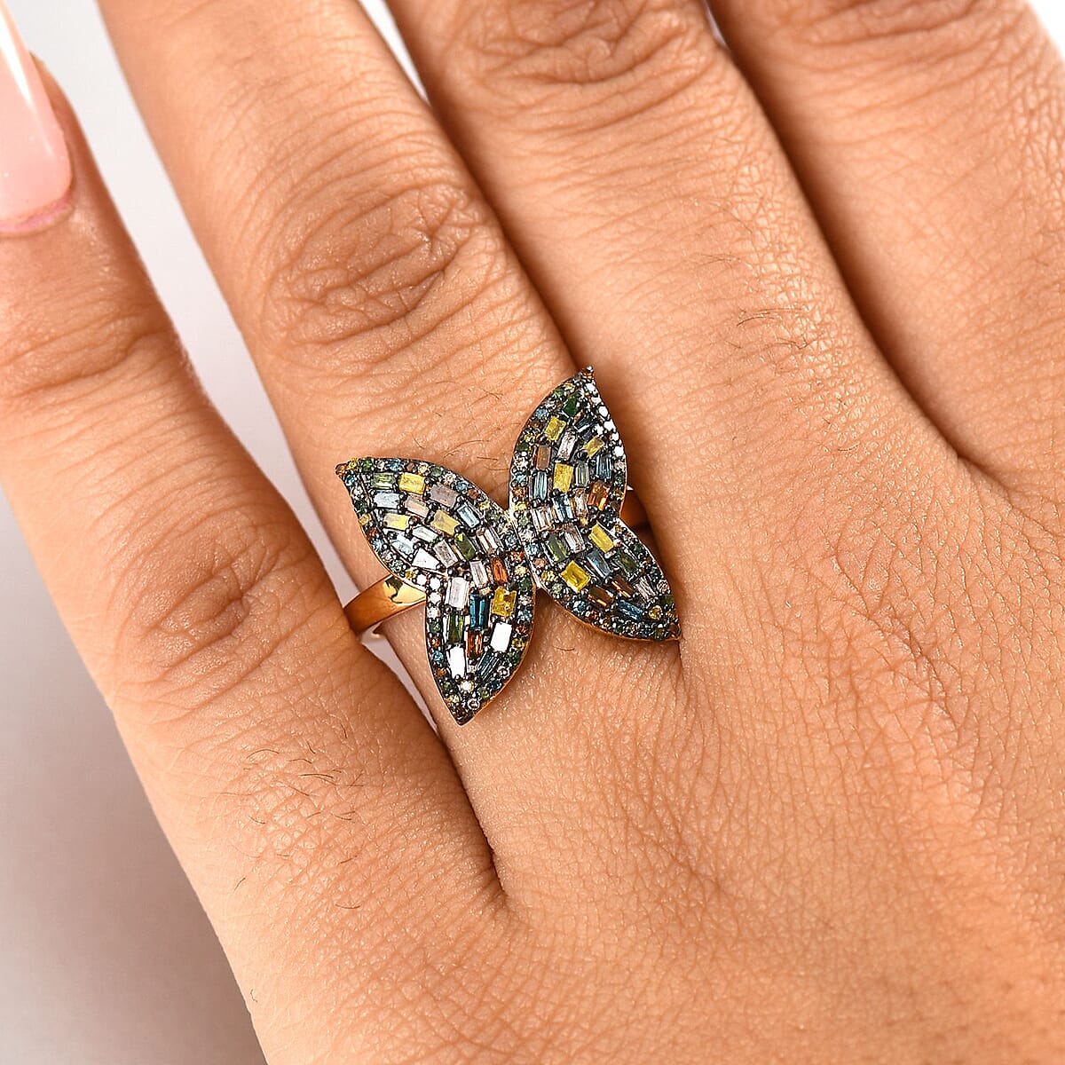 GP Trionfo Collection Multi Color Diamond Natural & IR 1.00 ctw Butterfly Ring in 18K Vermeil Yellow Gold Over Sterling Silver (Size 7.0) image number 2