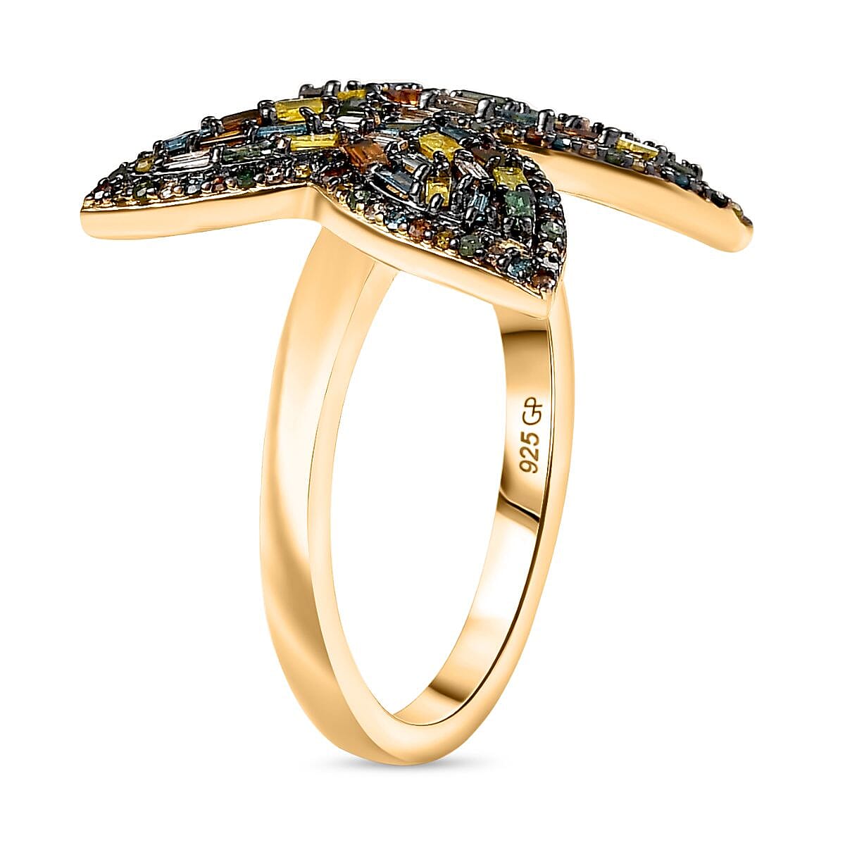 GP Trionfo Collection Multi Color Diamond Natural & IR 1.00 ctw Butterfly Ring in 18K Vermeil Yellow Gold Over Sterling Silver (Size 7.0) image number 3