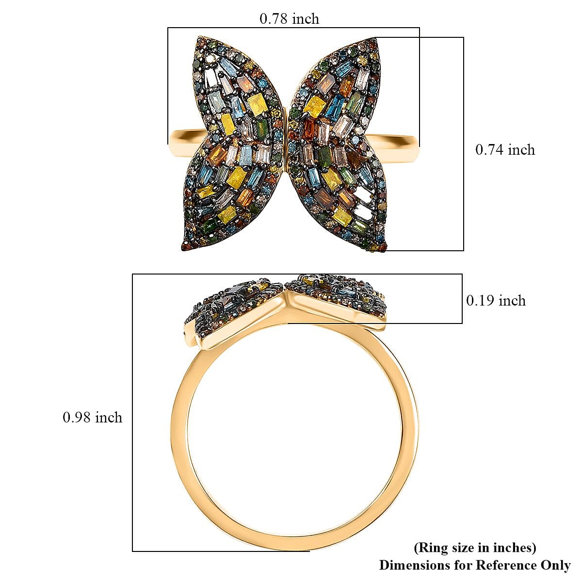 GP Trionfo Collection Multi Color Diamond Natural & IR 1.00 ctw Butterfly Ring in 18K Vermeil Yellow Gold Over Sterling Silver (Size 7.0) image number 5