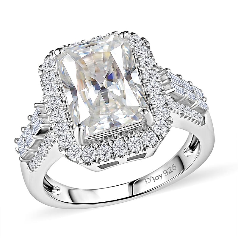 D'Joy Radiant Cut Moissanite 4.90 ctw Art Deco Ring in Rhodium Over Sterling Silver (Size 10.0) 