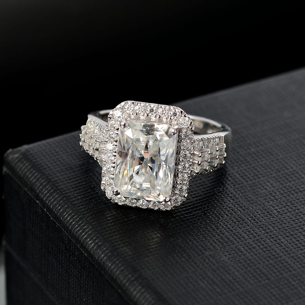 Radiant Cut Moissanite (Oct 11x8mm) Ring in Rhodium Over Sterling Silver (Size 10.0) 4.90 ctw image number 1