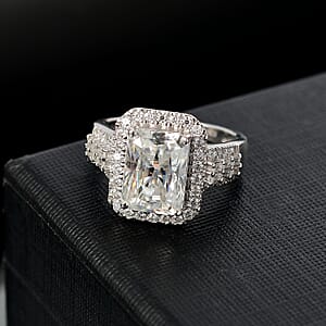 D'Joy Radiant Cut Moissanite 4.90 ctw Art Deco Ring in Rhodium Over Sterling Silver (Size 10.0) 