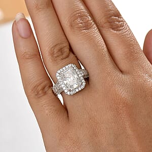 D'Joy Radiant Cut Moissanite 4.90 ctw Art Deco Ring in Rhodium Over Sterling Silver (Size 10.0) 