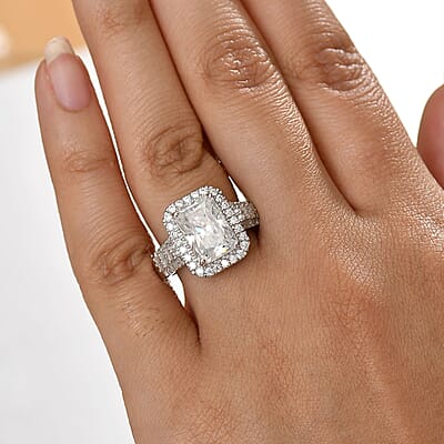 D'Joy Radiant Cut Moissanite 4.90 ctw Art Deco Ring in Rhodium Over Sterling Silver (Size 10.0) 