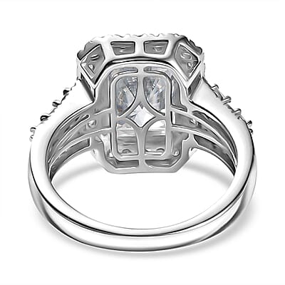 D'Joy Radiant Cut Moissanite 4.90 ctw Art Deco Ring in Rhodium Over Sterling Silver (Size 10.0) 