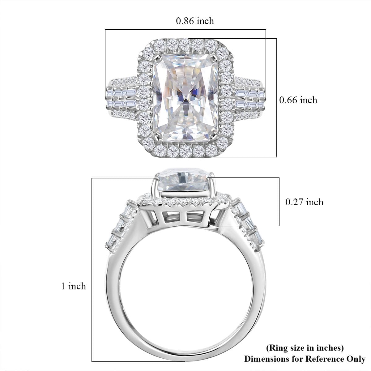 Radiant Cut Moissanite (Oct 11x8mm) Ring in Rhodium Over Sterling Silver (Size 10.0) 4.90 ctw image number 5