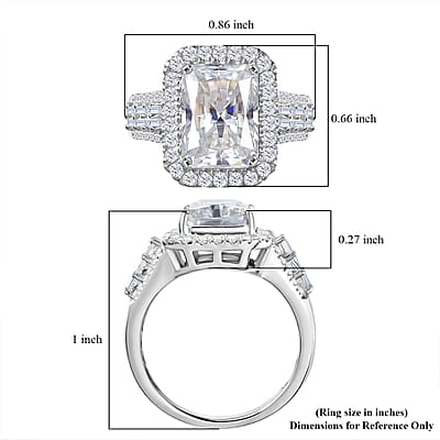 D'Joy Radiant Cut Moissanite 4.90 ctw Art Deco Ring in Rhodium Over Sterling Silver (Size 10.0) 