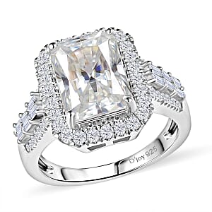 D'Joy Radiant Cut Moissanite 4.90 ctw Art Deco Ring in Rhodium Over Sterling Silver (Size 6.0) 