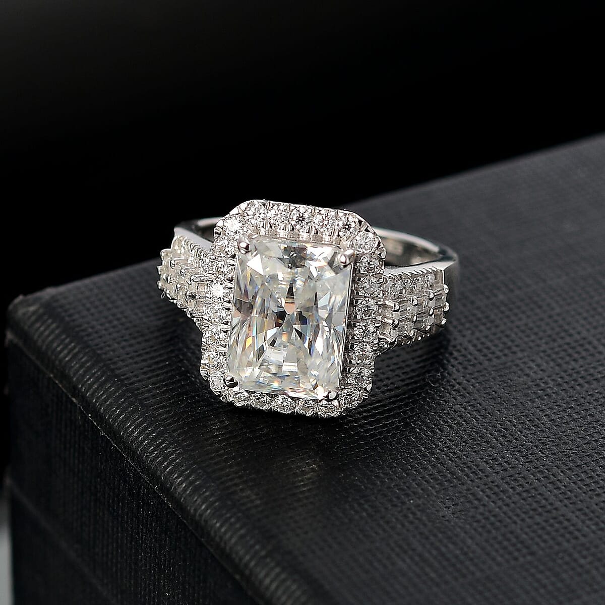 D'Joy Radiant Cut Moissanite 4.90 ctw Art Deco Ring in Rhodium Over Sterling Silver (Size 9.0)  image number 1