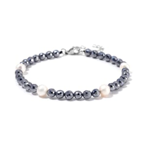 Freshwater Pearl and Terahertz 30.00 ctw Anklet in Stainless Steel (9.5-11.5In)