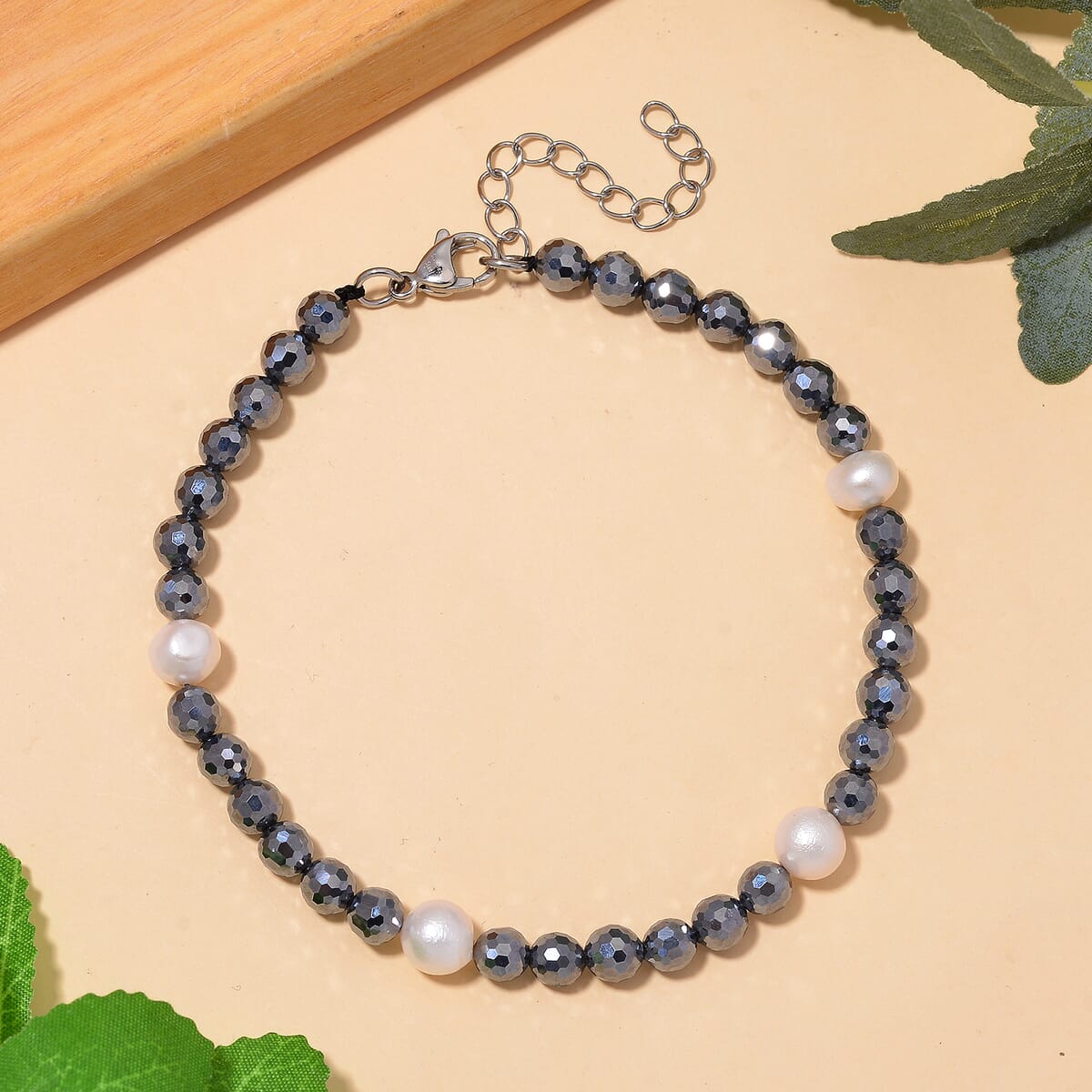 Freshwater Pearl and Terahertz 30.00 ctw Anklet in Stainless Steel (9.5-11.5In) image number 1