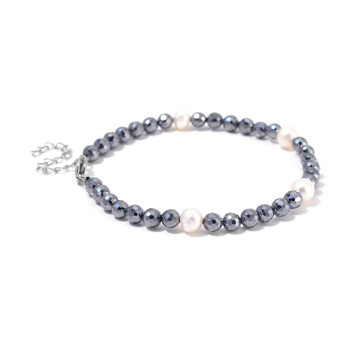 Freshwater Pearl and Terahertz 30.00 ctw Anklet in Stainless Steel (9.5-11.5In) image number 2