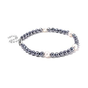 Freshwater Pearl and Terahertz 30.00 ctw Anklet in Stainless Steel (9.5-11.5In)