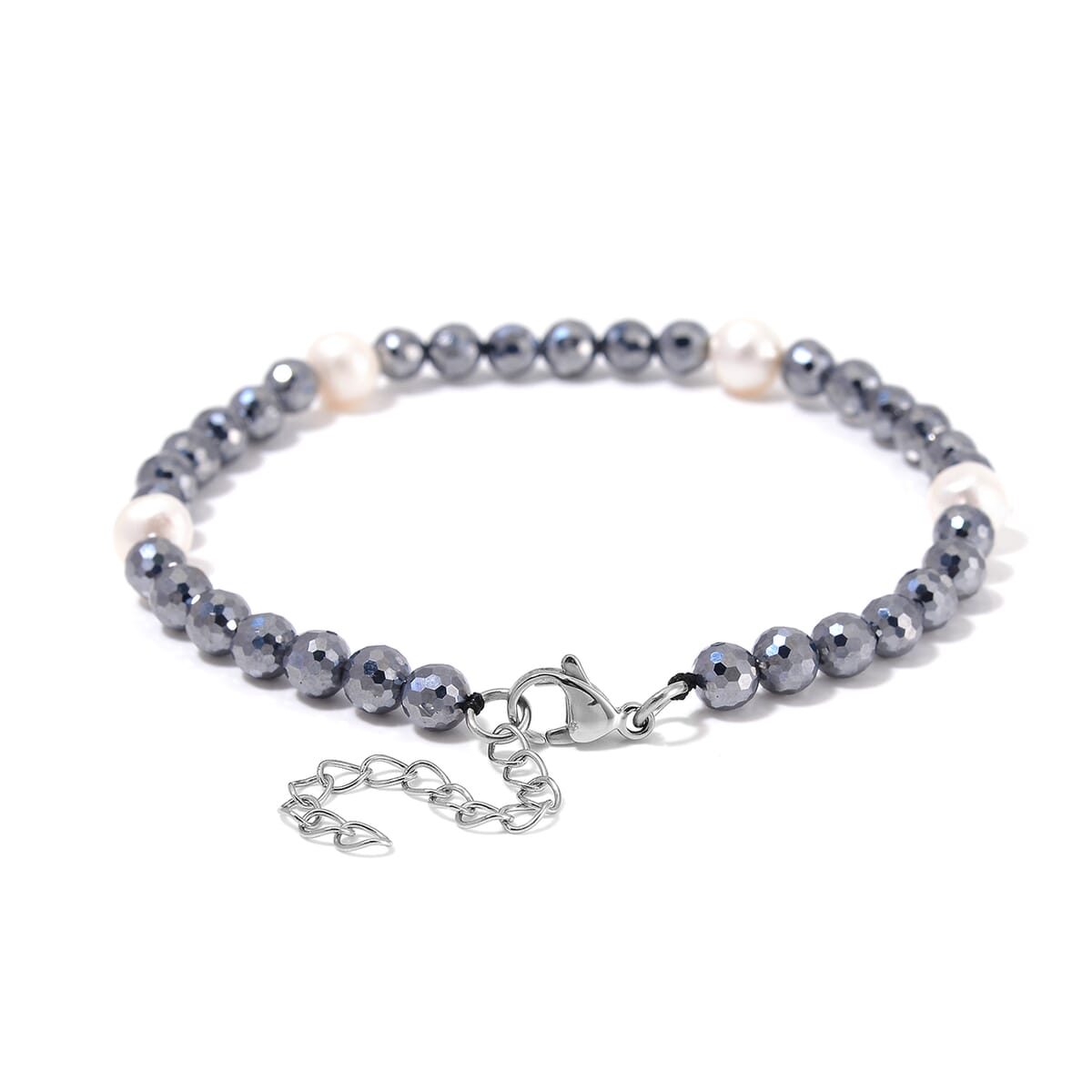 Freshwater Pearl and Terahertz 30.00 ctw Anklet in Stainless Steel (9.5-11.5In) image number 3