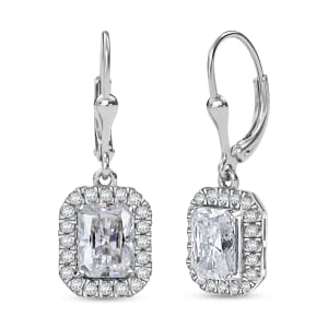 D'Joy Radiant Cut Moissanite 4.00 ctw Art Deco Earrings in Rhodium Over Sterling Silver