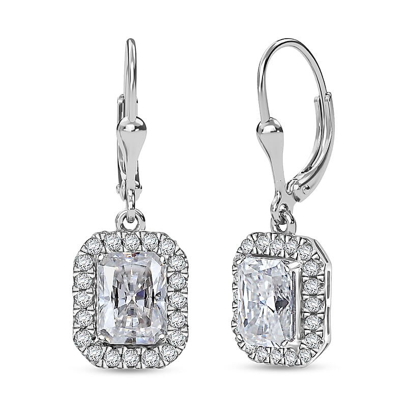 D'Joy Radiant Cut Moissanite 4.00 ctw Art Deco Earrings in Rhodium Over Sterling Silver