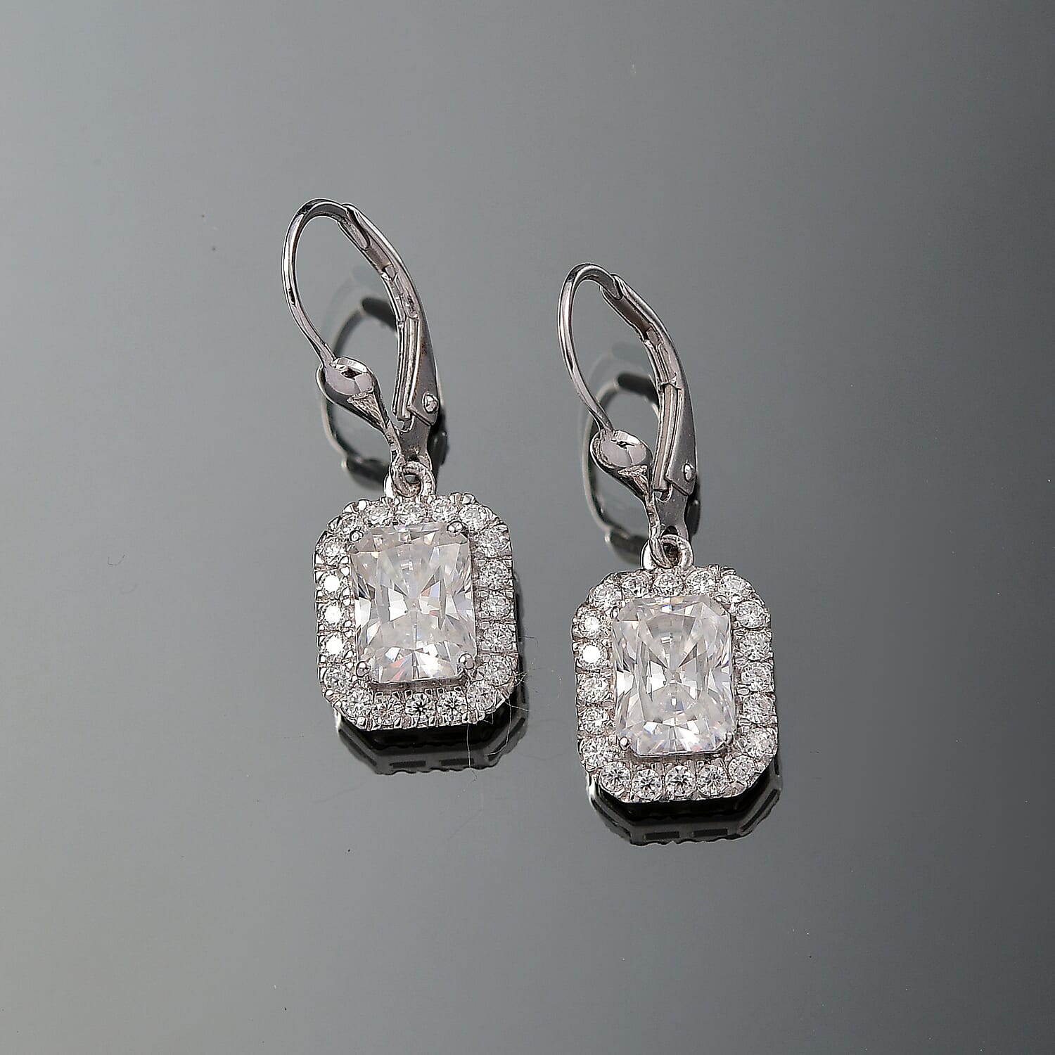 D'Joy Radiant Cut Moissanite 4.00 ctw Art Deco Earrings in Rhodium Over Sterling Silver
