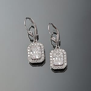 D'Joy Radiant Cut Moissanite 4.00 ctw Art Deco Earrings in Rhodium Over Sterling Silver