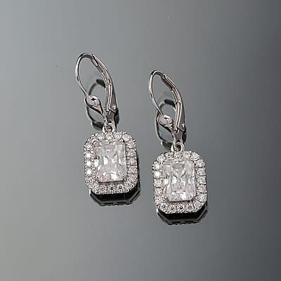 D'Joy Radiant Cut Moissanite 4.00 ctw Art Deco Earrings in Rhodium Over Sterling Silver