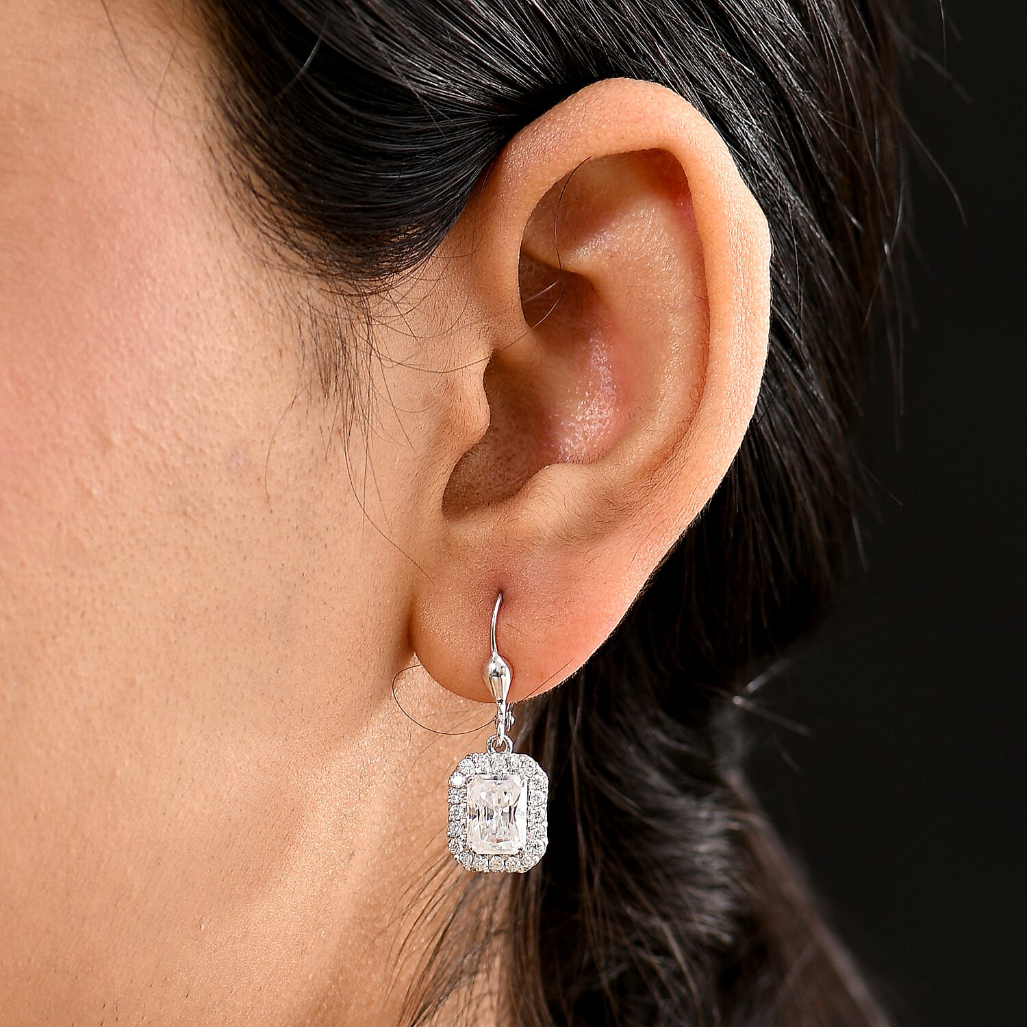 D'Joy Radiant Cut Moissanite 4.00 ctw Art Deco Earrings in Rhodium Over Sterling Silver