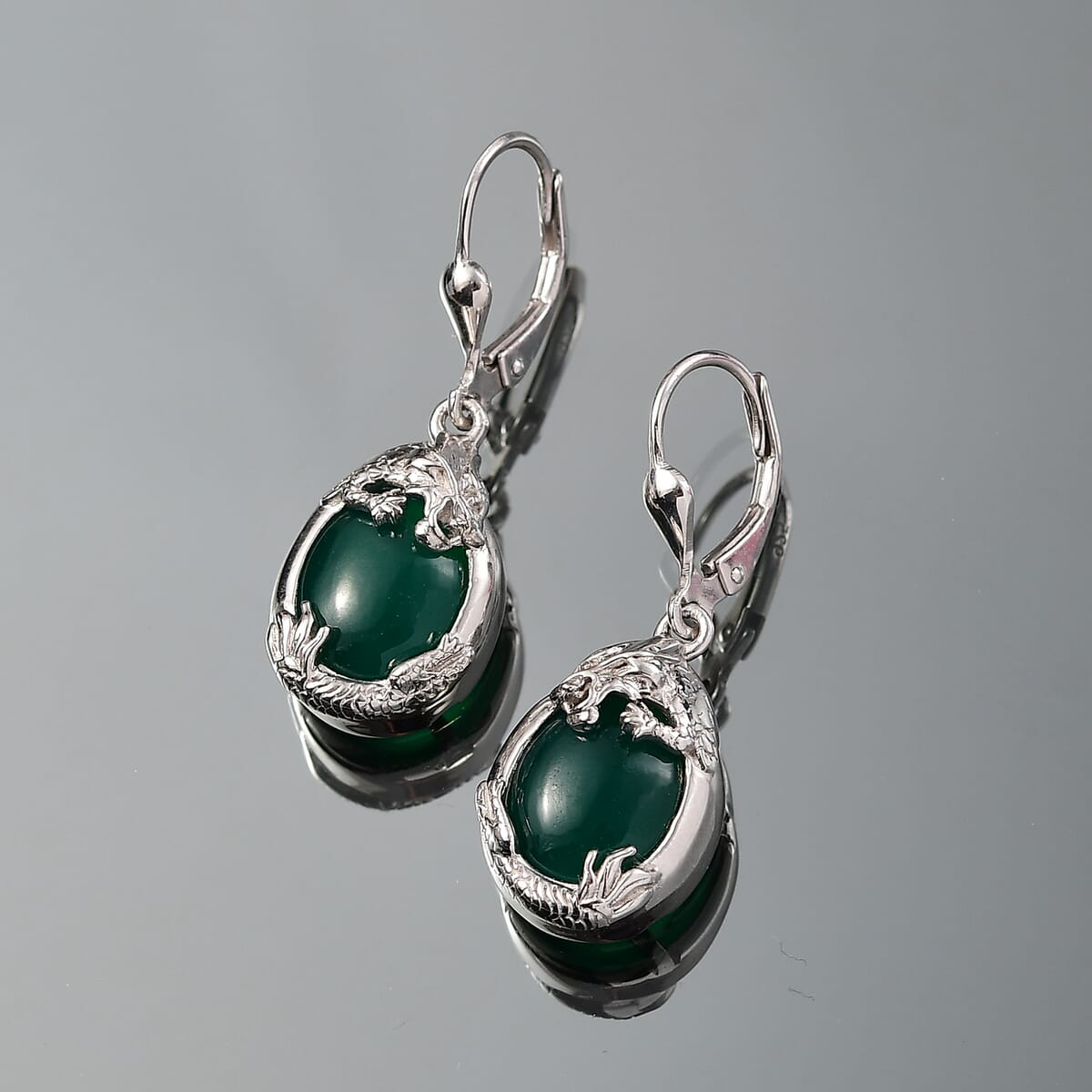 D'Joy Verde Onyx 10.00 ctw Dragon Lever Back Earrings in Rhodium Over Sterling Silver  image number 1