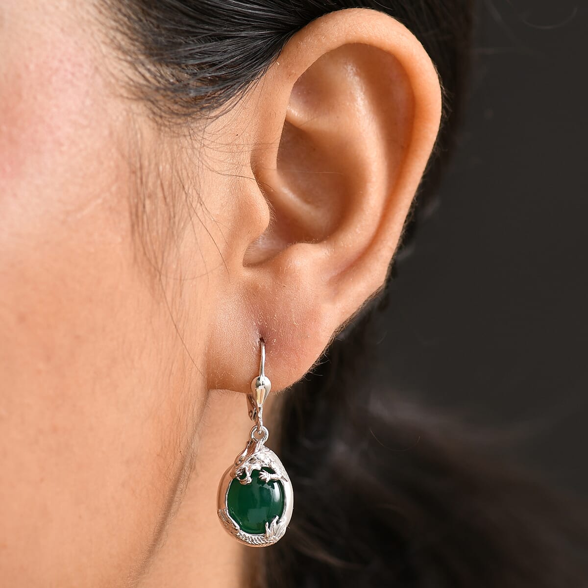 D'Joy Verde Onyx 10.00 ctw Dragon Lever Back Earrings in Rhodium Over Sterling Silver  image number 2