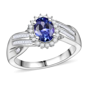 AAA Tanzanite and Diamond 1.30 ctw Ring in Rhodium Over Sterling Silver (Size 10.0)