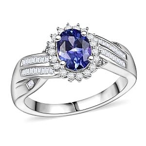 D'Joy AAA Tanzanite and Diamond 1.30 ctw Ring in Rhodium Over Sterling Silver (Size 7.0)
