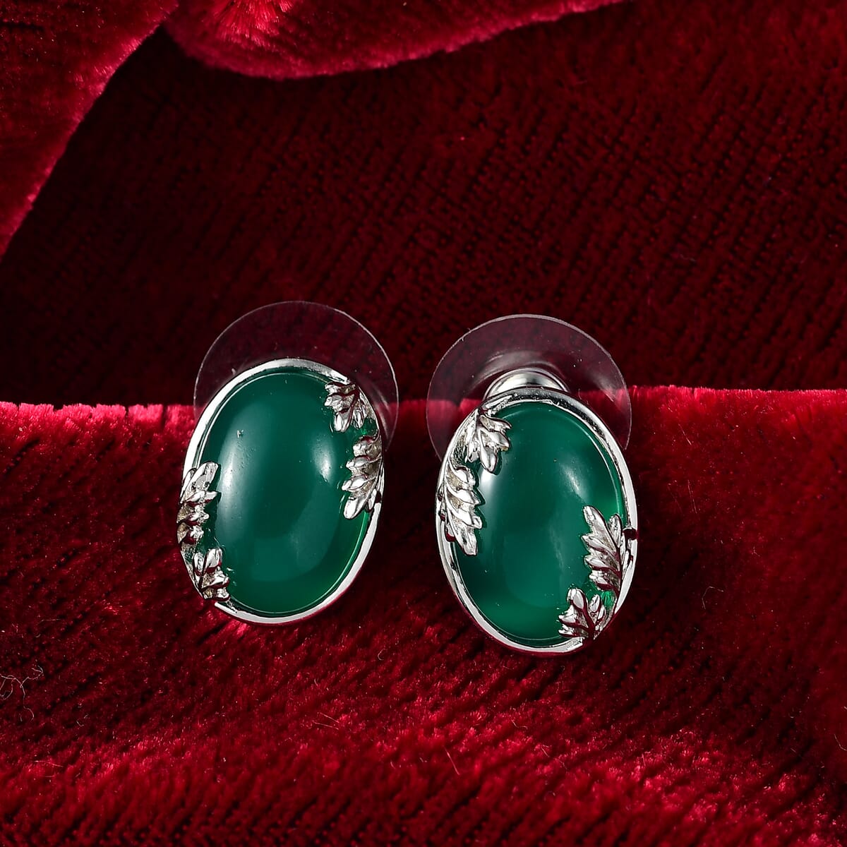 Karis Verde Onyx 11.90 ctw Flower and Leaves Stud Earrings in Platinum Bond  image number 1