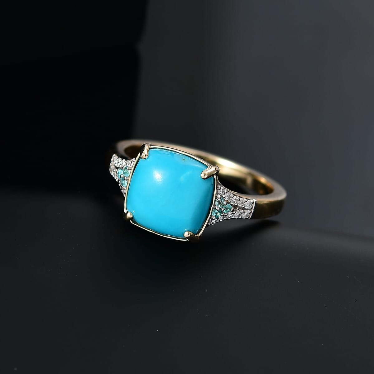 Certified & Appraised Luxoro AAA Sleeping Beauty Turquoise, AAAA Paraiba Tourmaline and Diamond E-F I2 3.17 ctw Ring in 10K Yellow Gold (Size 10.0) (Del. in 10-12 Days) image number 1
