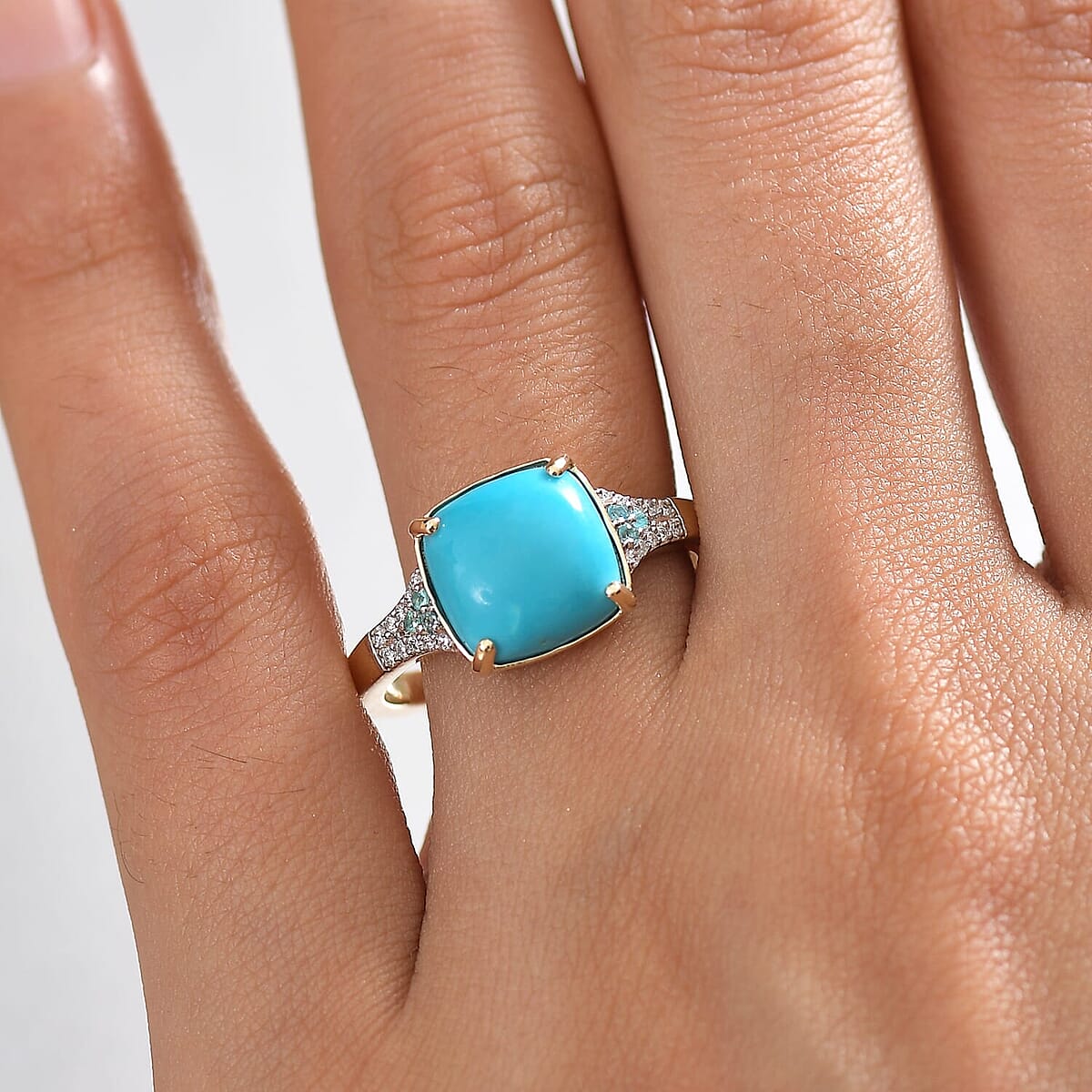 Certified & Appraised Luxoro 10K Yellow Gold AAA Sleeping Beauty Turquoise, AAAA Paraiba Tourmaline and Diamond (E-F, I2) (0.12 cts) Ring (Size 12.0) 3.17 ctw image number 2