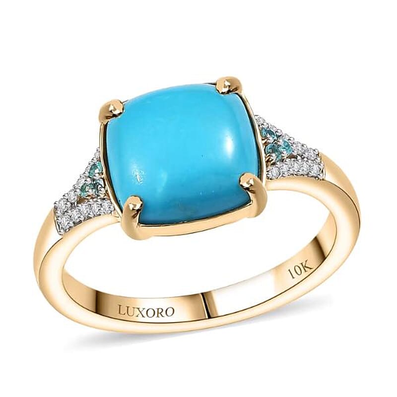 Certified & Appraised Luxoro AAA Sleeping Beauty Turquoise, AAAA Paraiba Tourmaline and Diamond E-F I2 3.17 ctw Ring in 10K Yellow Gold (Size 8.0)