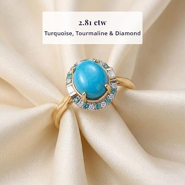 Certified & Appraised Luxoro AAA Sleeping Beauty Turquoise, AAAA Paraiba Tourmaline and Diamond E-F I2 2.81 ctw Ring in 10K Yellow Gold (Size 10.0)